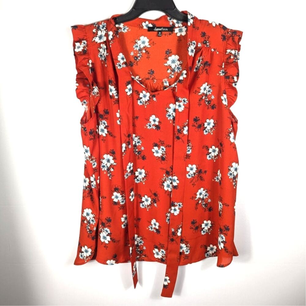 Sweet Rain 2X Orange Floral Ruffle Sleeve Blouse Women Tie Neck Lightweight Top